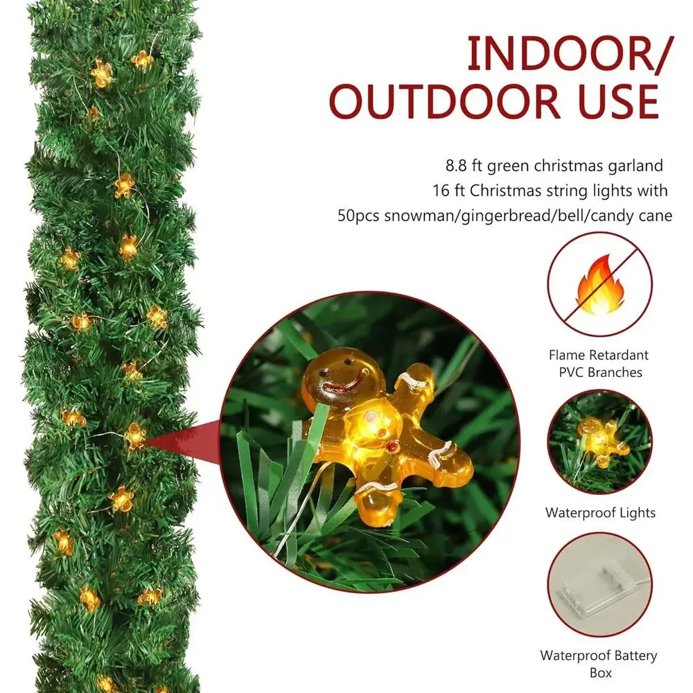 Christmas Garland with Lights, 9FT Artificial Pine with 50 Gingerbread Men